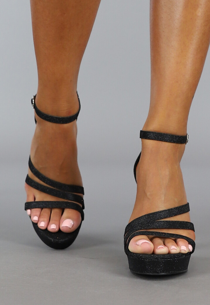 Elegante Zwarte Glitter Sandaletten met Straps