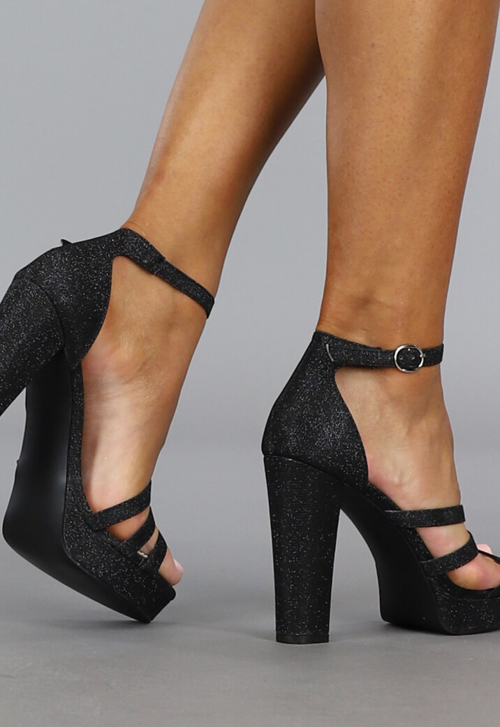 Elegante Zwarte Glitter Sandaletten met Straps