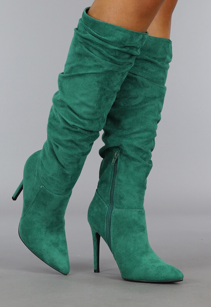 Groene Geplooide Laars met Stiletto Hak