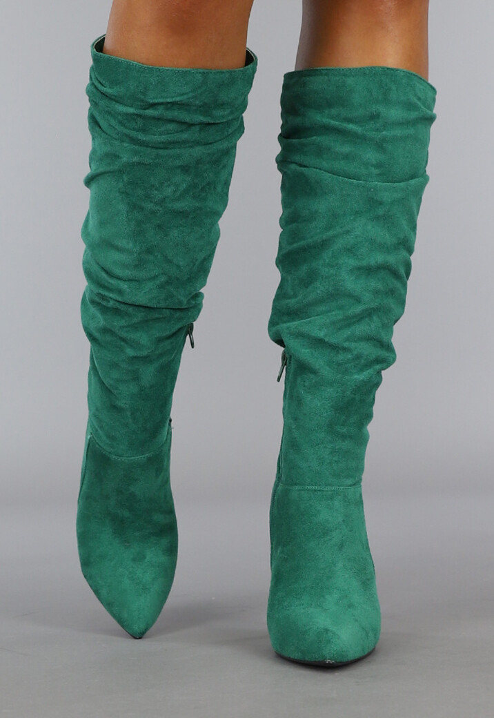 Groene Geplooide Laars met Stiletto Hak