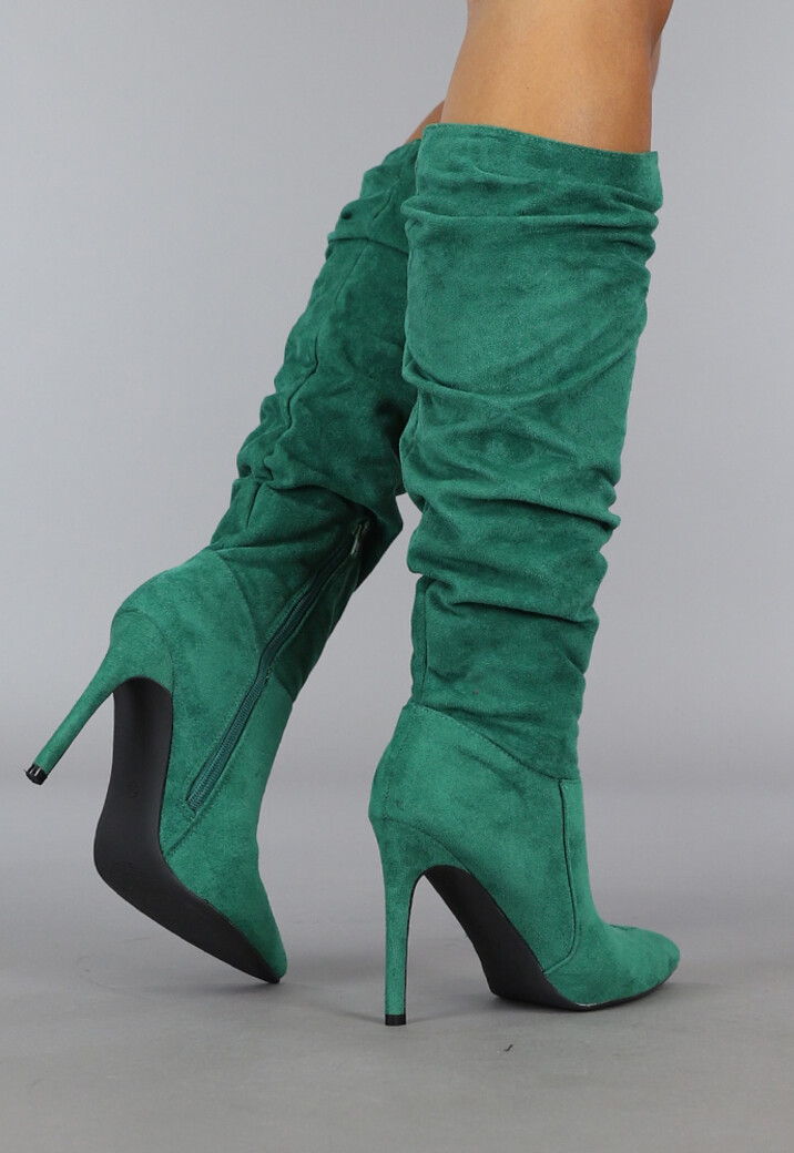 Groene Geplooide Laars met Stiletto Hak