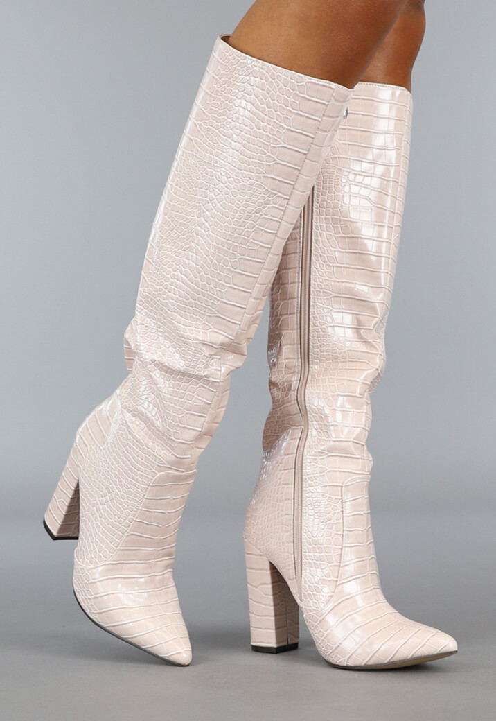 Beige Croco Laars met Spitse Neus