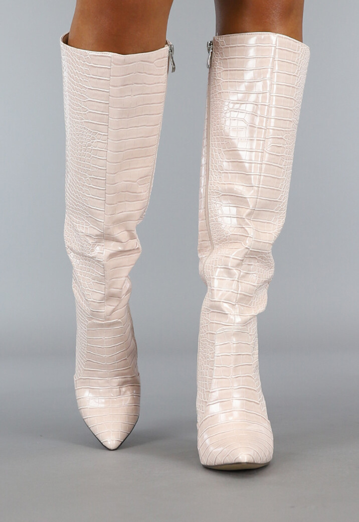 Beige Croco Laars met Spitse Neus