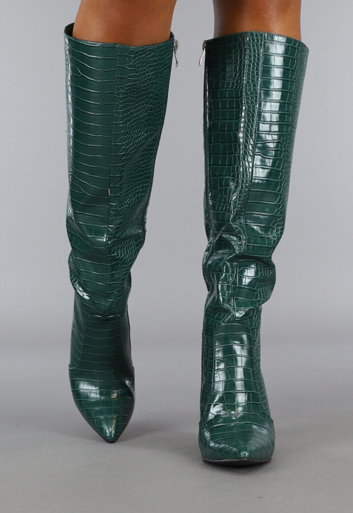 Donkergroene Croco Laars met Spitse Neus