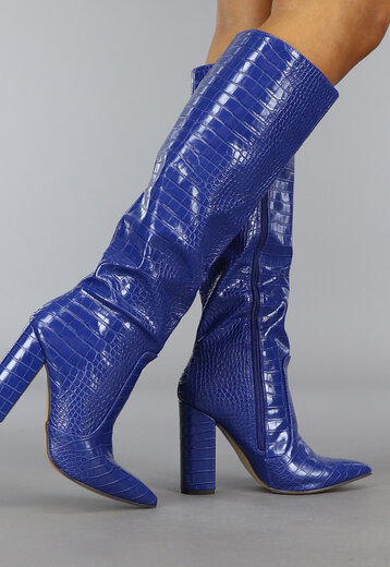 OP=OP! Donkerblauwe Croco Laars met Spitse Neus