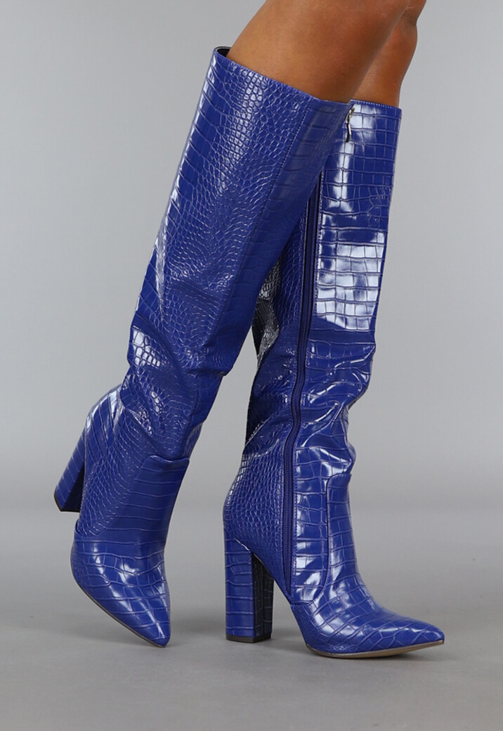 Donkerblauwe Croco Laars met Spitse Neus