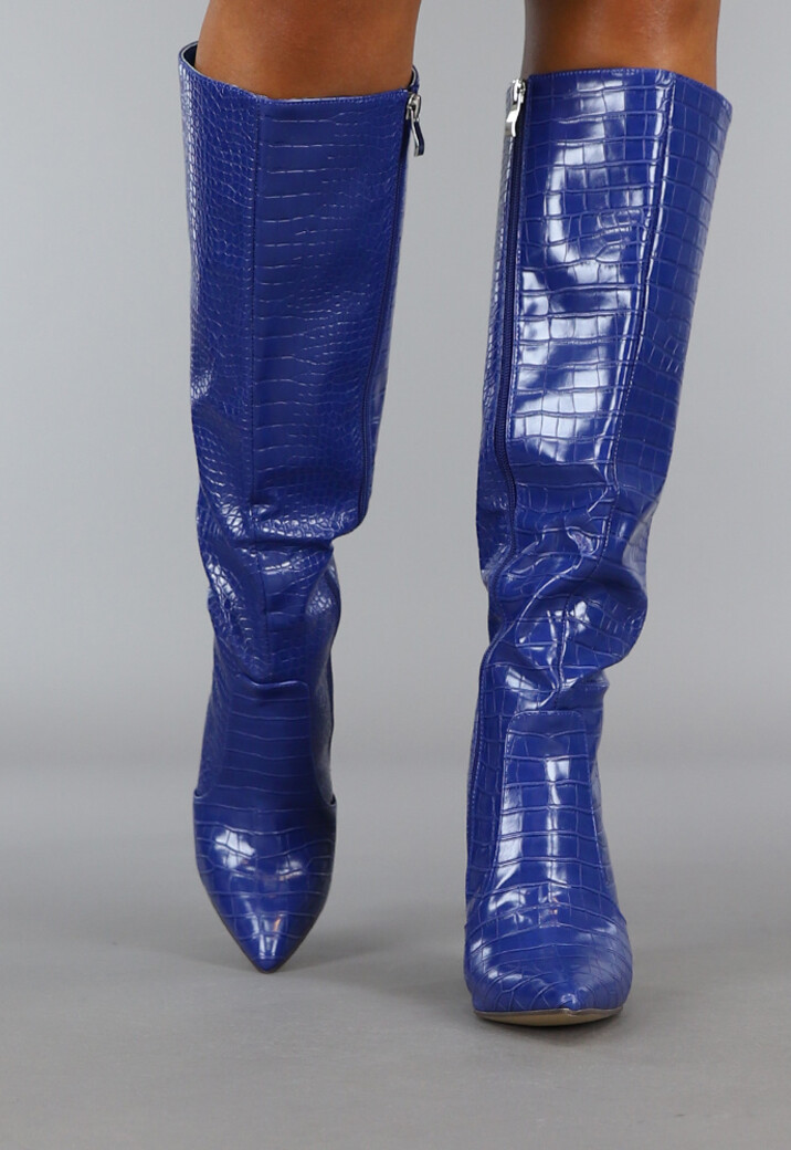 Donkerblauwe Croco Laars met Spitse Neus