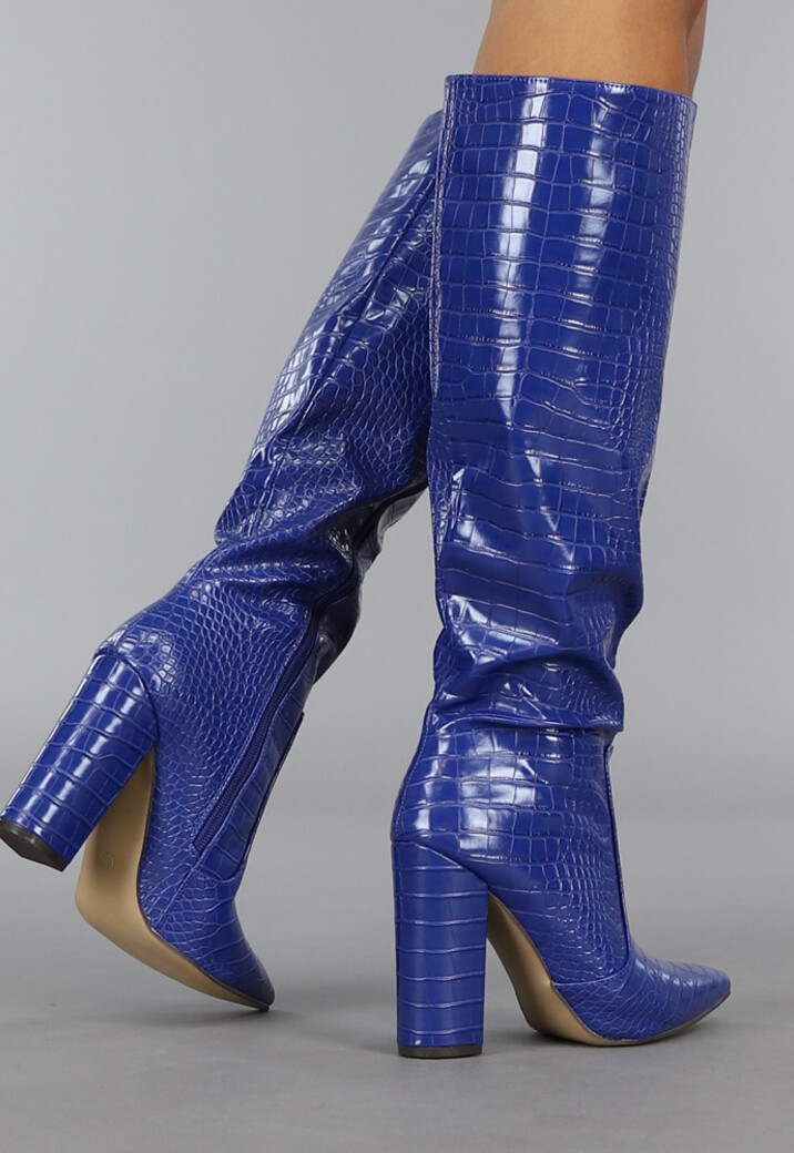 Donkerblauwe Croco Laars met Spitse Neus