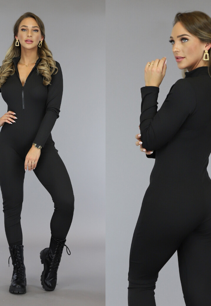 Zwarte Aansluitende Longsleeve Jumpsuit