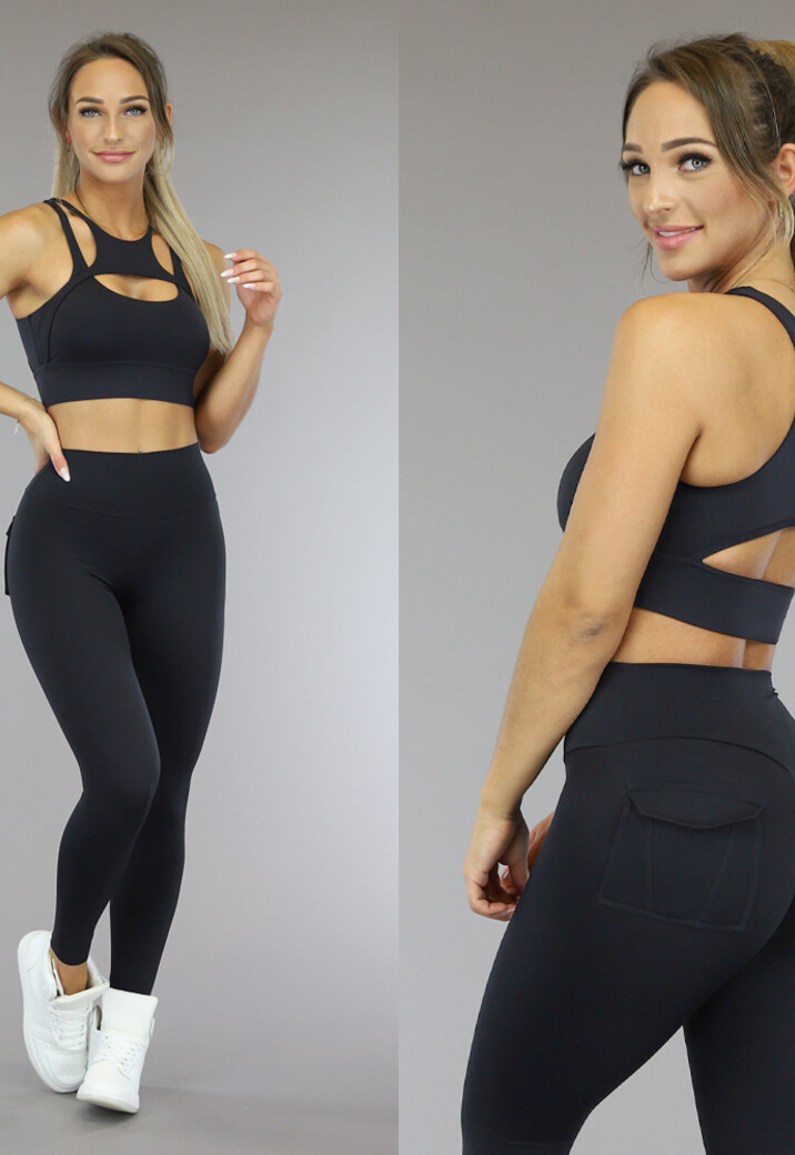 Zwarte Sport Legging met Scrunch en Steekzakken
