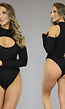 Zwarte Bodysuit met Open Schouders en Cut Outs