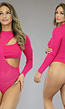 Fuchsia Longsleeve Bodysuit met Cutout en Patroon