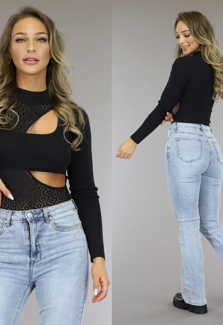 Zwarte Longsleeve Bodysuit met Cutout en Patroon