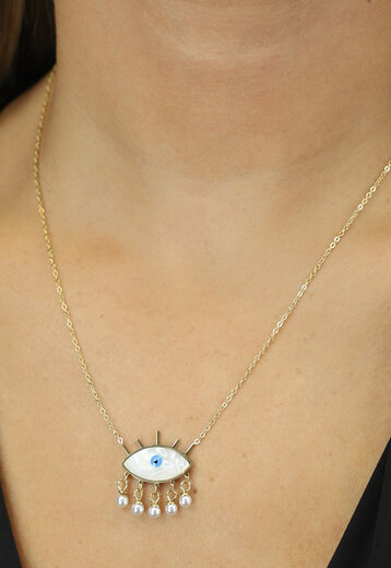 SALE80 Goudkleurige Ketting met Oog en Witte Kraaltjes