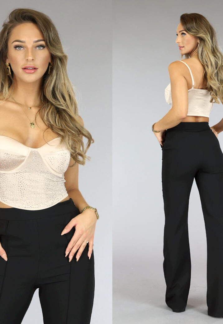 Beige Glitter See-Through Top met Cups