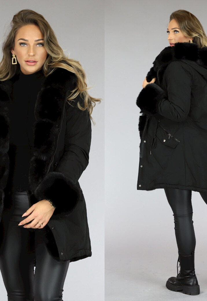 Zwarte Bont Winterjas met Capuchon