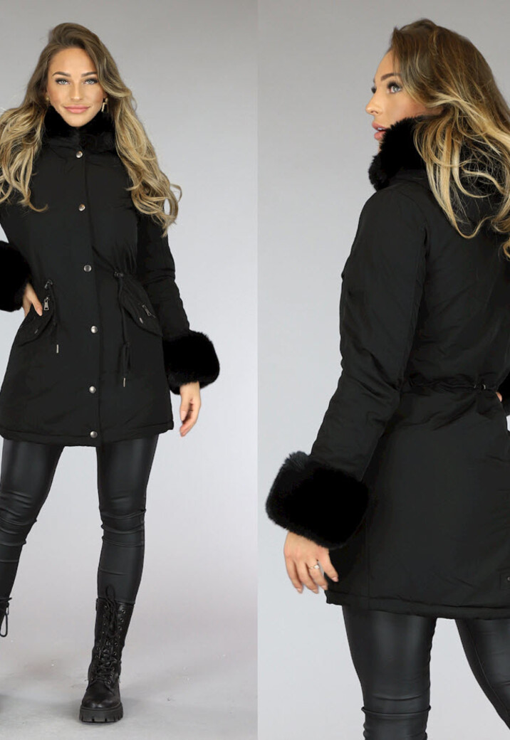 Zwarte Bont Winterjas met Capuchon