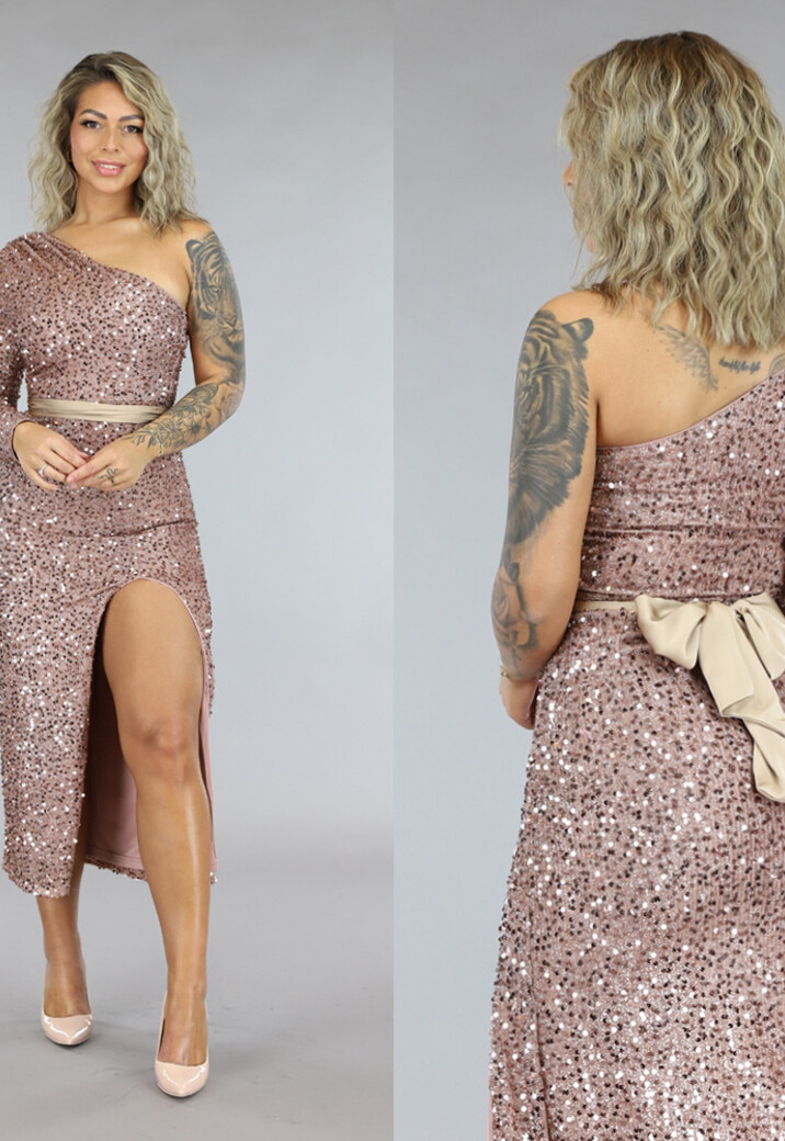 Rose Longsleeve Glitter Jurk met Split en Champagne Tailleband