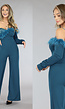 Blauwe One Sleeve Glitter Jumpsuit met Veren