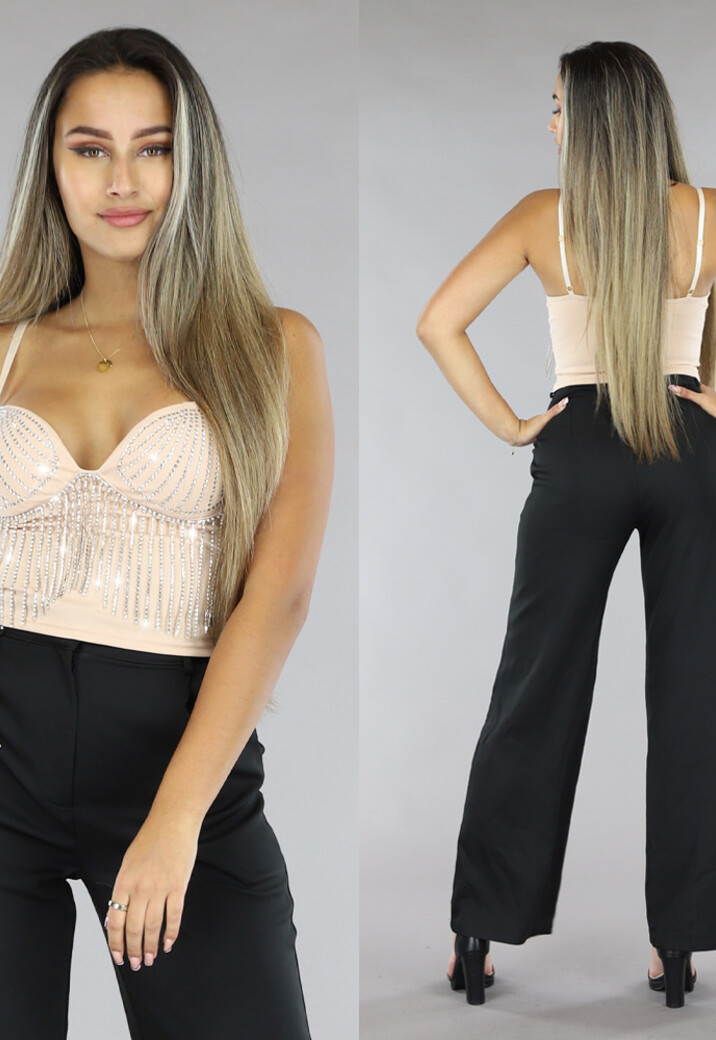 Beige Strass Top met Cups en Verstelbare Bandjes
