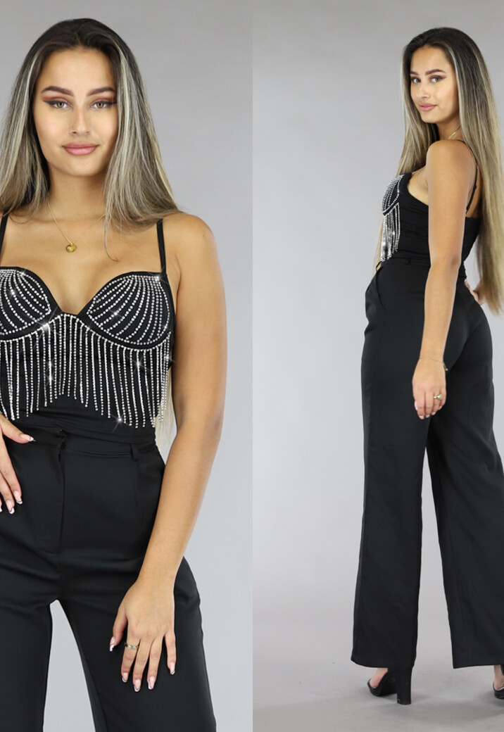 Zwarte Strass Top met Cups en Verstelbare Bandjes
