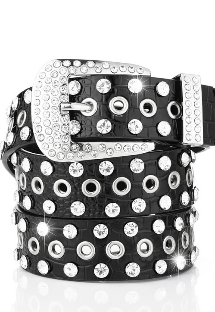 Grove Zwarte Lederlook Riem met Strass