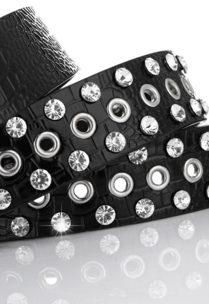 Grove Zwarte Lederlook Riem met Strass
