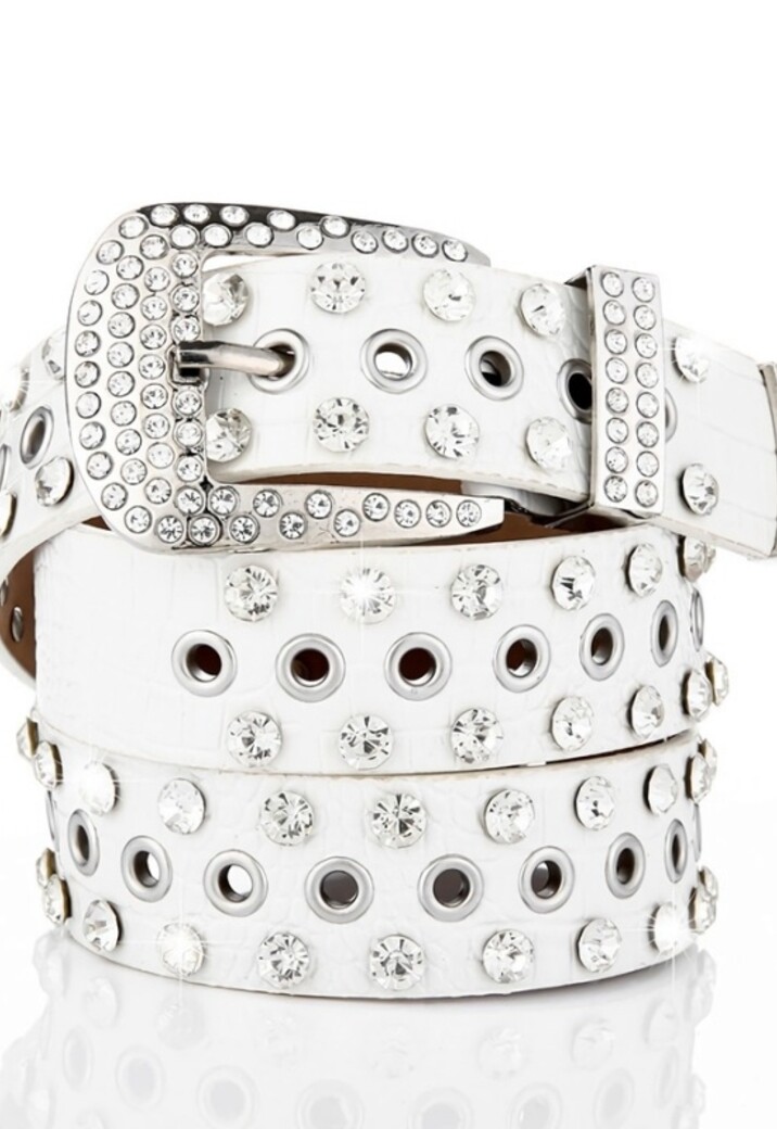 Grove Witte Lederlook Riem met Strass