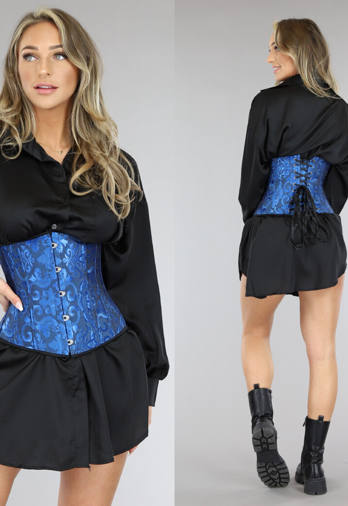 Blauwe Satin Underbust Korset met Borduursels