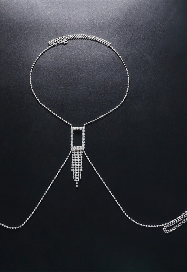 Zilveren Strass Bodychain met Waterval Detail