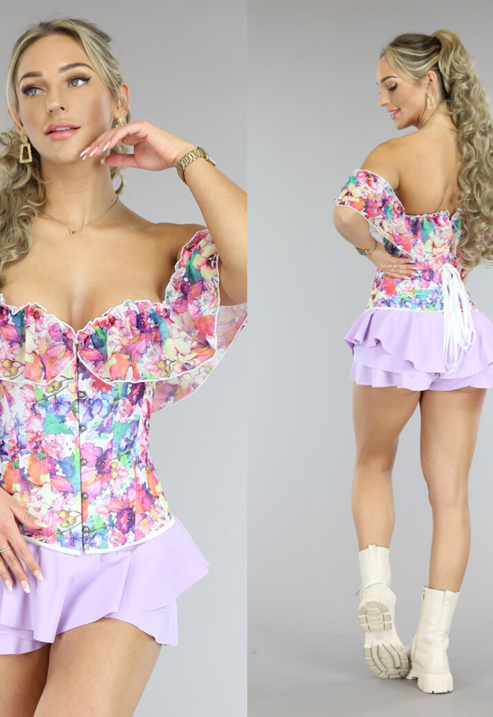 Witte Korset Top met Bloemenprint en Mouwtjes