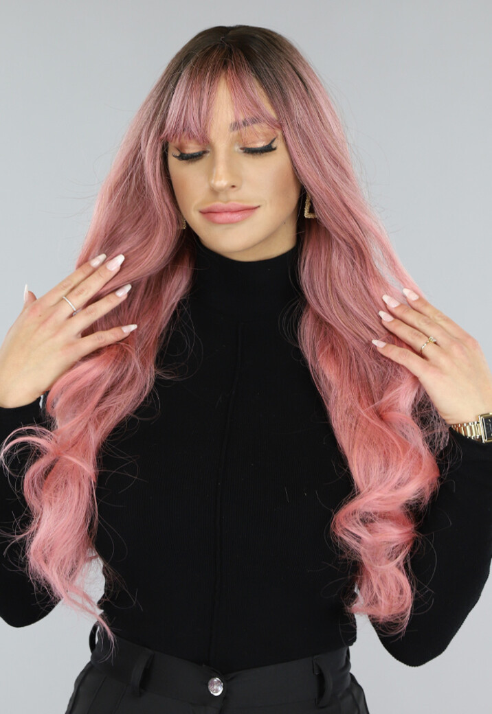 Roze Ombre Pruik met Donkere Uitgroei en Lang Golvend Haar