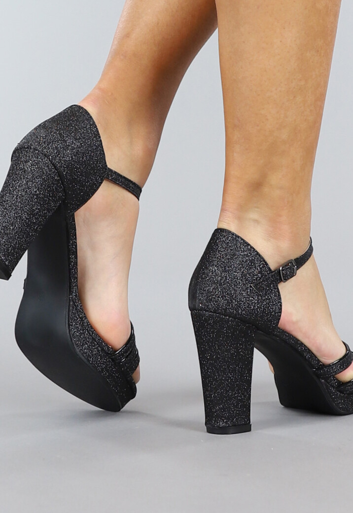 Zwarte Glam Glitter Sandaletten met Straps