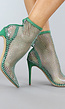 Groene Spitse Glam Enkellaarsjes met Stiletto Hak en Strass