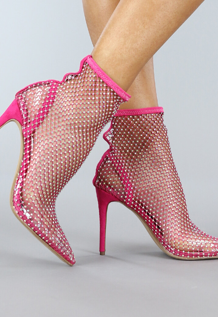 Roze Spitse Glam Enkellaarsjes met Stiletto Hak en Strass