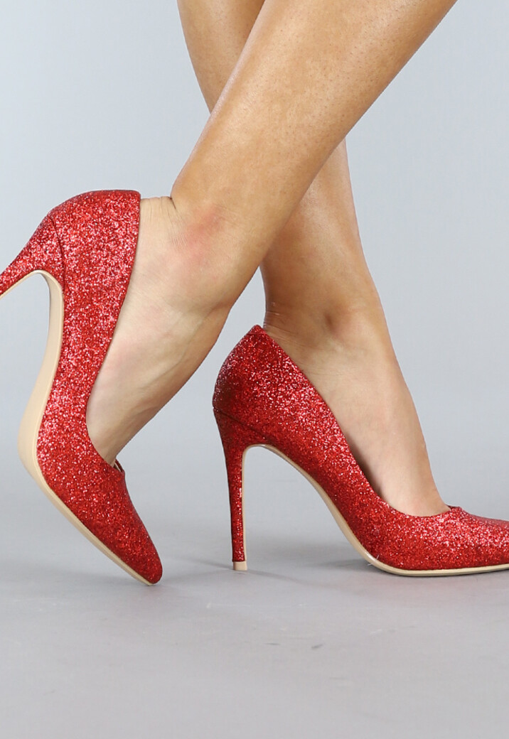 Rode Spitse Glitter Pumps met Stiletto Hak