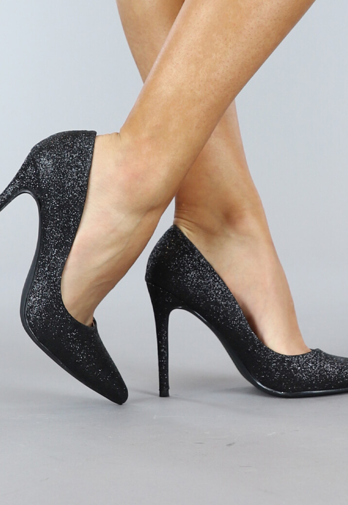 Zwarte Spitse Glitter Pumps met Stiletto Hak