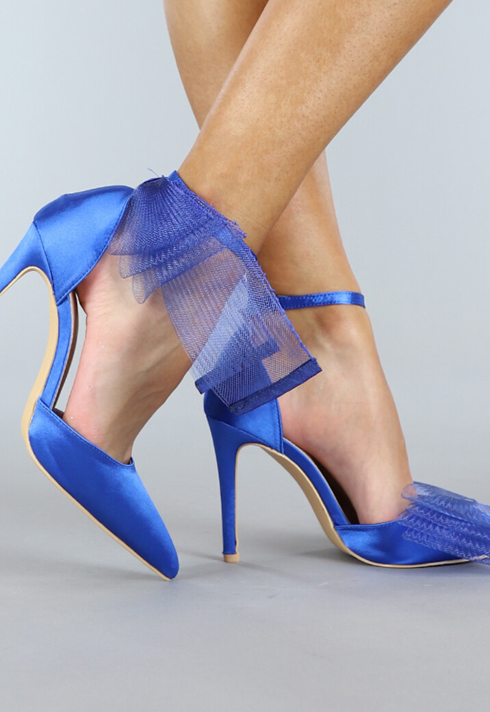 Spitse Blauwe Sandaletten met Strikjes en Stiletto Hak