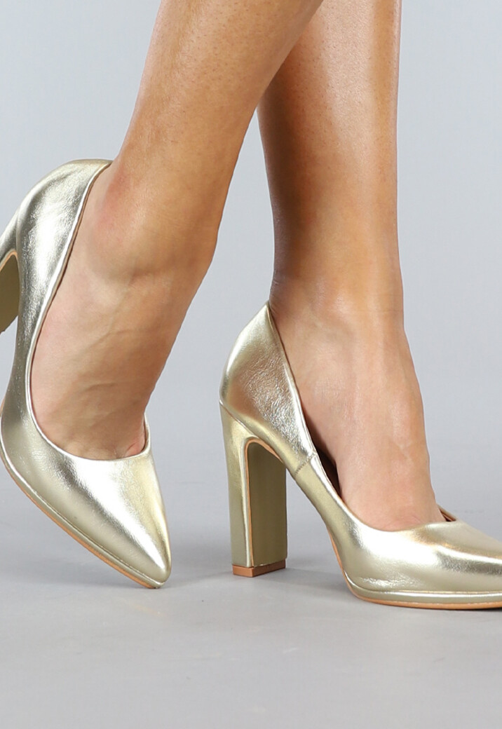 Basic Gouden Lederlook Pumps met Rechthoekige Hak