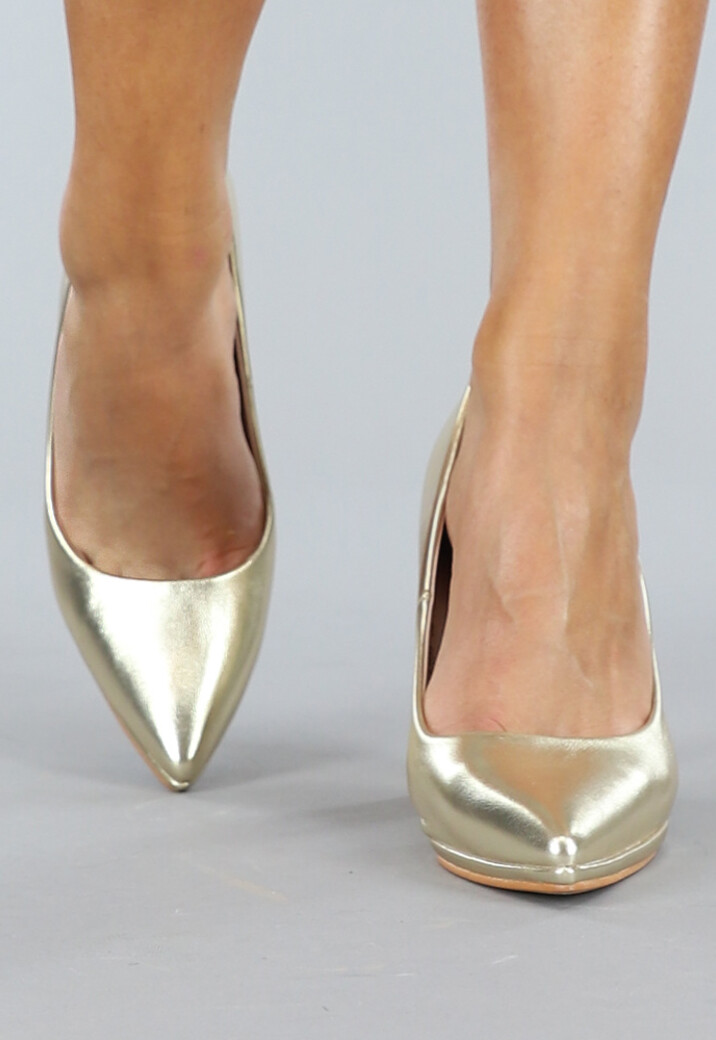 Basic Gouden Lederlook Pumps met Rechthoekige Hak