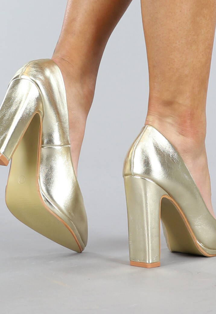 Basic Gouden Lederlook Pumps met Rechthoekige Hak
