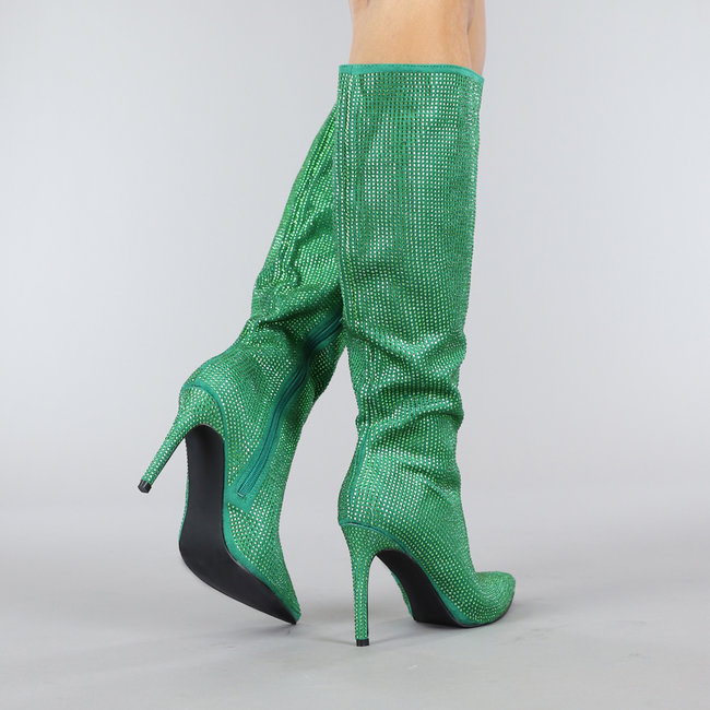 Lange Groene Glitter Laarzen met Stiletto Hak