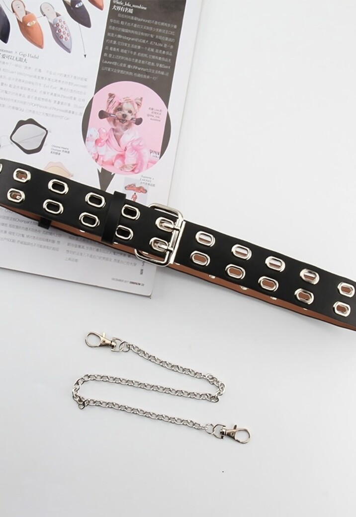 Zwarte Riem met Dubbele Ringen en Ketting