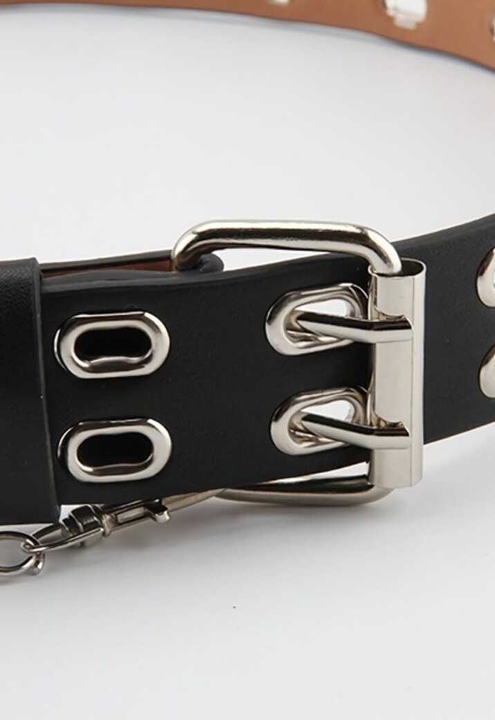 Zwarte Riem met Dubbele Ringen en Ketting