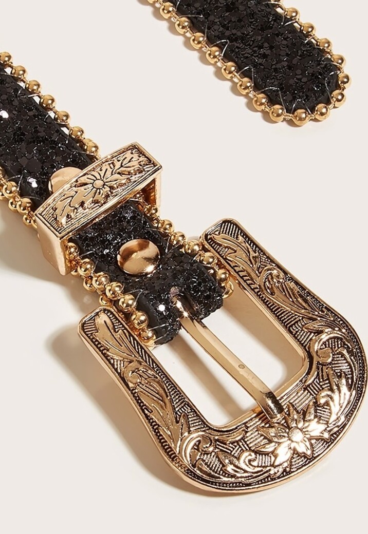 Gouden Parel Riem met Sierlijke Gesp en Zwarte Glitters