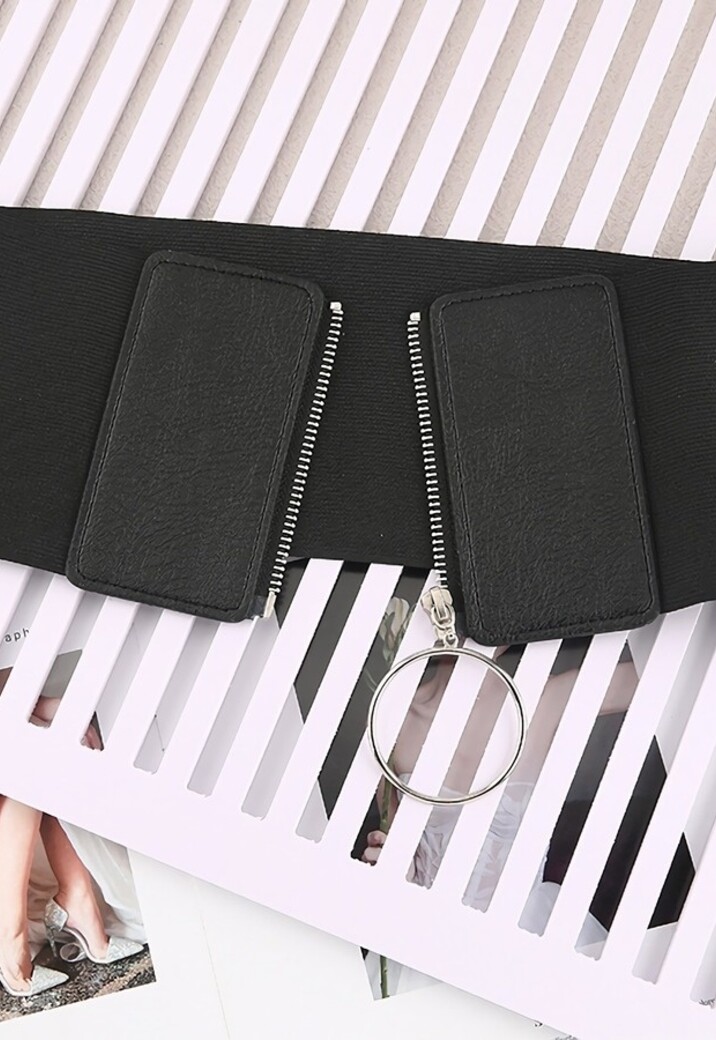 Zwarte Lederlook Tailleriem met Elastiek en Ritssluiting