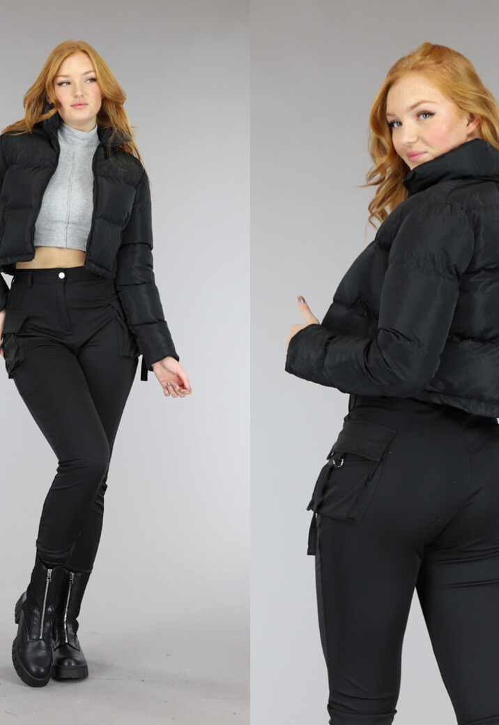 Zwarte Gewatteerde Cropped Jas