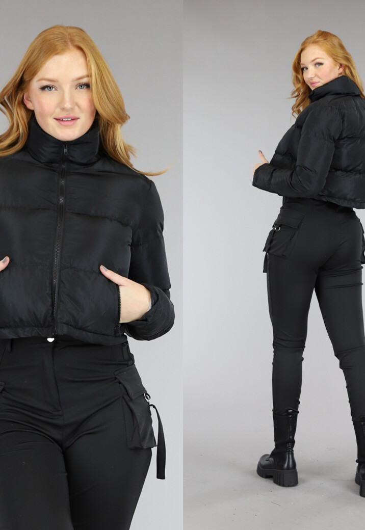 Zwarte Gewatteerde Cropped Jas