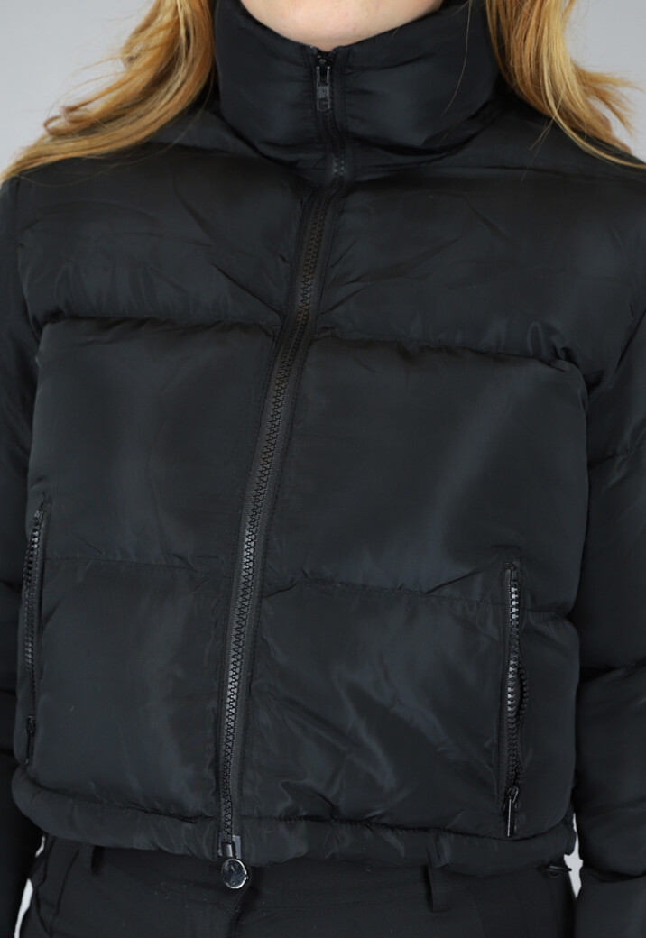 Zwarte Gewatteerde Cropped Jas