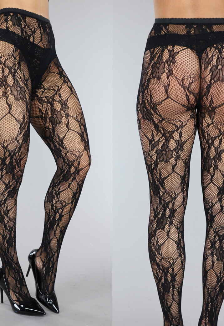Zwarte Fishnet Panty met Bloemenprint